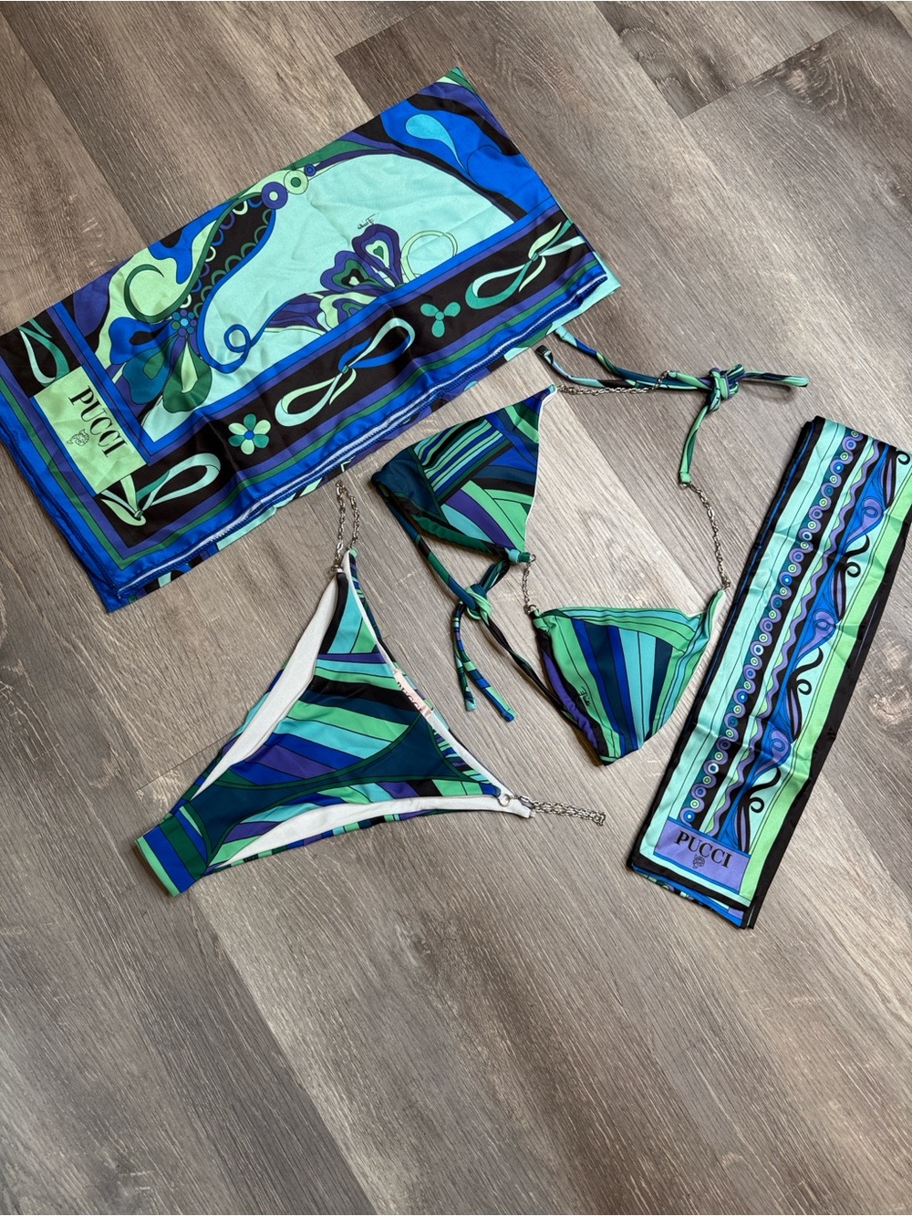 Pucci Green & Blue Print Bikini Set with Matching Scarves